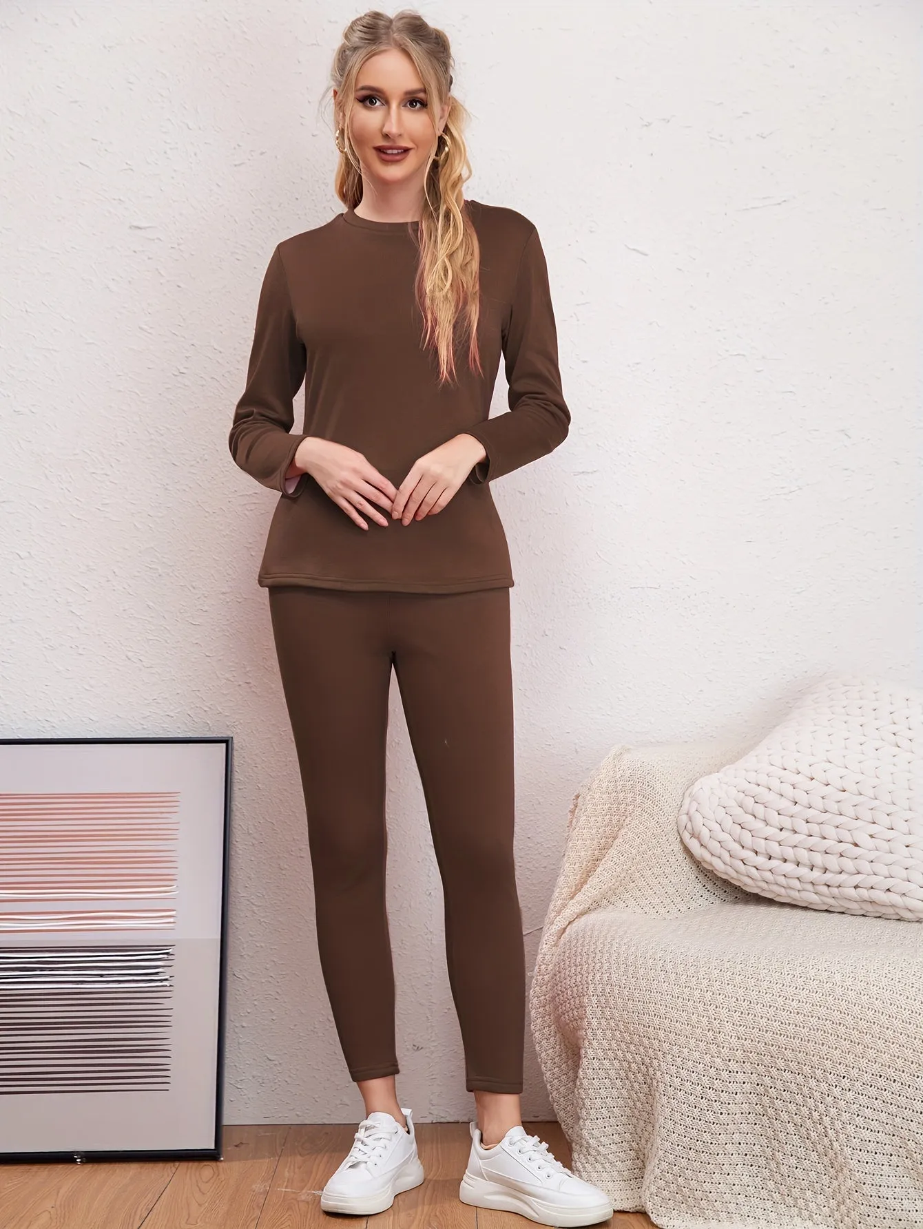 2Pcs Solid Color Thermal Underwear Set, Round Neck Long Sleeves Based Layer Warm Top & Bottom Leggings, Women's Activewear