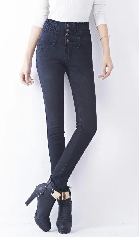AQ225 Fashion Warm Velvet High Waist Jeans Women Thick Skinny Pencil Denim Trousers Slim Plus Size Pencil Pants
