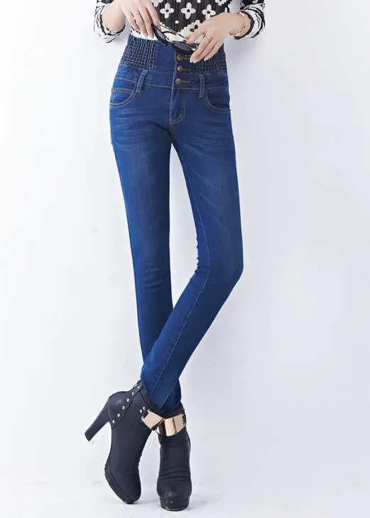 AQ225 Fashion Warm Velvet High Waist Jeans Women Thick Skinny Pencil Denim Trousers Slim Plus Size Pencil Pants