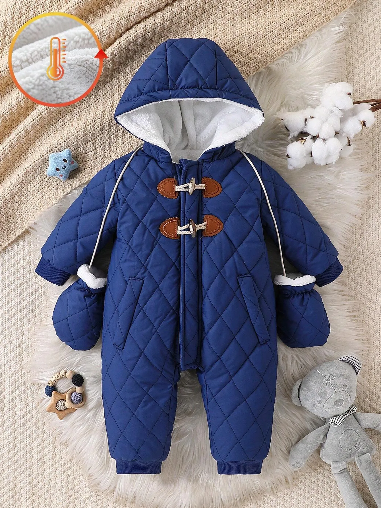 Baby Boy Cute Khaki Fleece-Lined Hooded Jumpsuit With Thick Mittens, Warm Outfit For Autumn & Winter Cold Weather, Suitable For Home, Outdoor Play, And Gatherings-FD