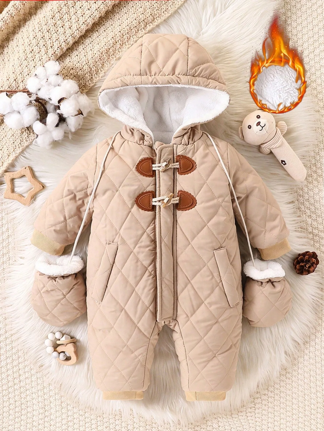 Baby Boy Cute Khaki Fleece-Lined Hooded Jumpsuit With Thick Mittens, Warm Outfit For Autumn & Winter Cold Weather, Suitable For Home, Outdoor Play, And Gatherings-FD