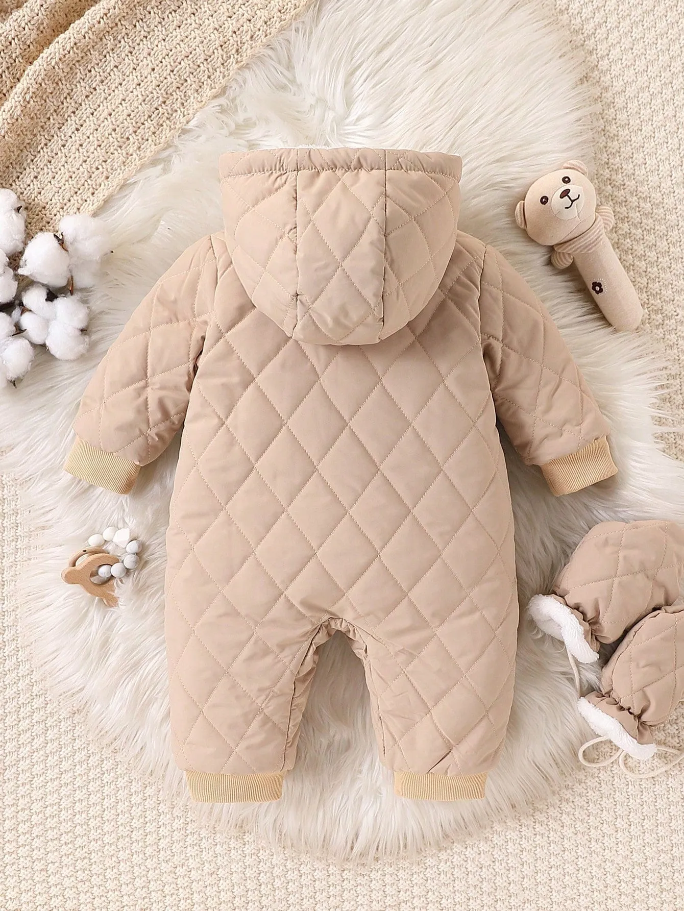 Baby Boy Cute Khaki Fleece-Lined Hooded Jumpsuit With Thick Mittens, Warm Outfit For Autumn & Winter Cold Weather, Suitable For Home, Outdoor Play, And Gatherings-FD
