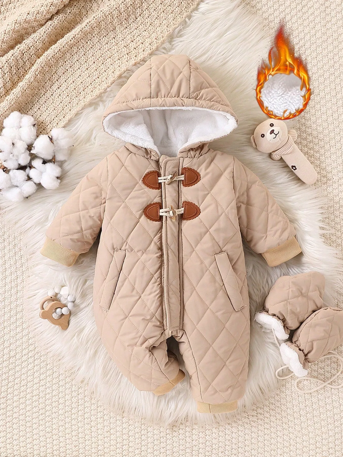 Baby Boy Cute Khaki Fleece-Lined Hooded Jumpsuit With Thick Mittens, Warm Outfit For Autumn & Winter Cold Weather, Suitable For Home, Outdoor Play, And Gatherings-FD