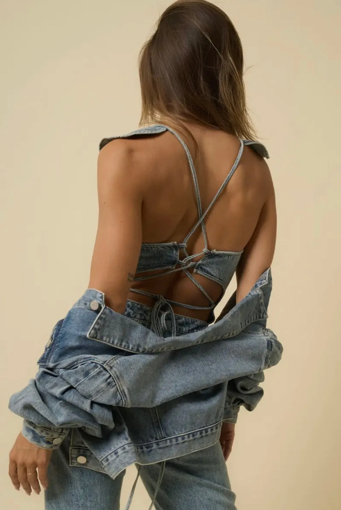Backless Ruffle Denim Jumpsuit