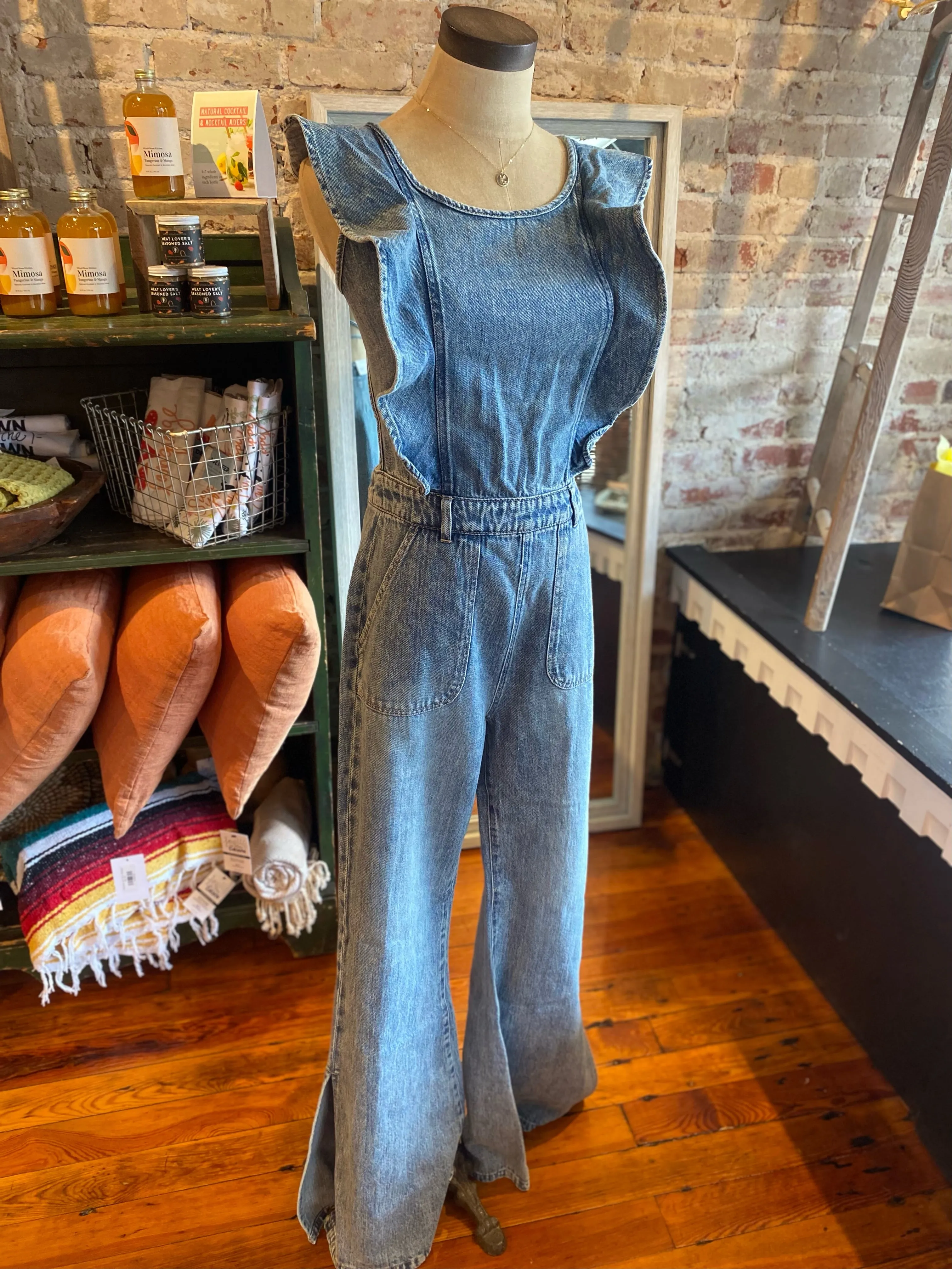 Backless Ruffle Denim Jumpsuit