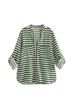 BerryBetty - V-neck Pocket Roll-up Sleeve Button-Up Blouse