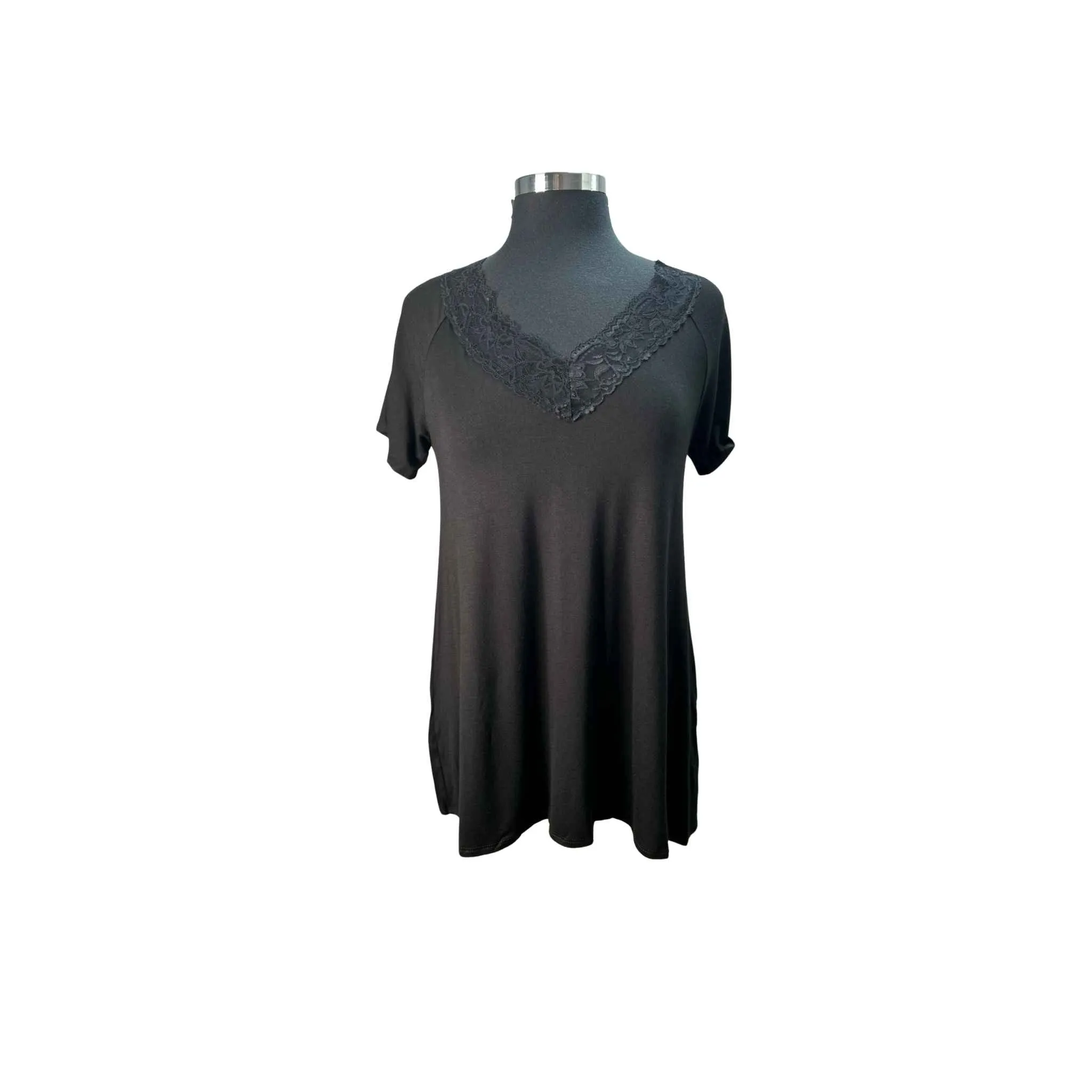 Black Blouse With V-Neck Lace Trim