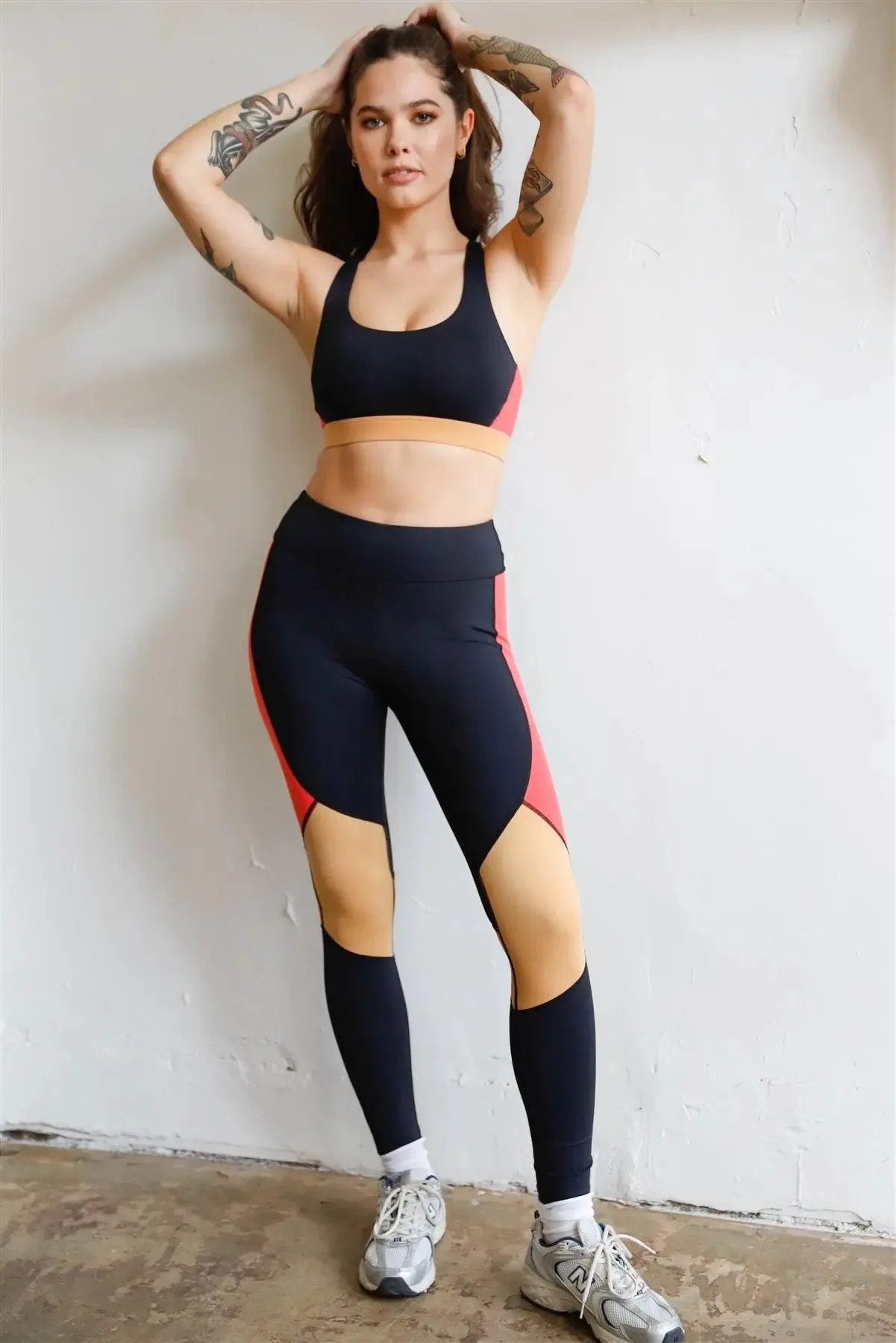 Black Multi Colorblock High Waist Legging Sport Activewear Pants /1-3