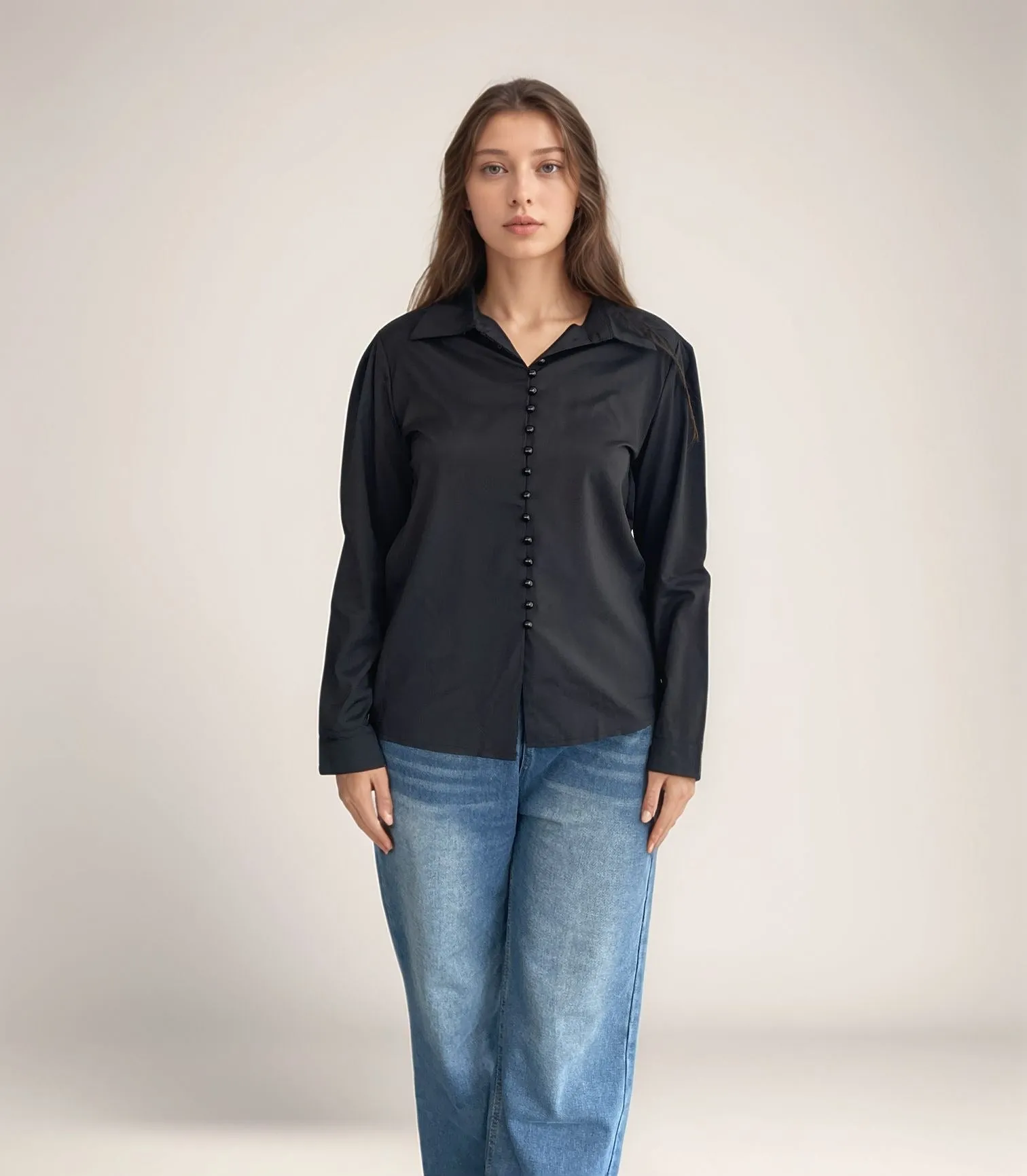 Black Satin Button Down Blouse