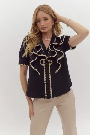 Black Stitch Ruffle  Button Up