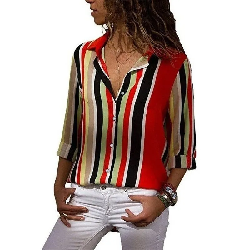 Blouse Women Shirt Casual Long Sleeve Stripe Button Turn-down Female Shirts Tops Blouse Leisure Office Ladies Workwear