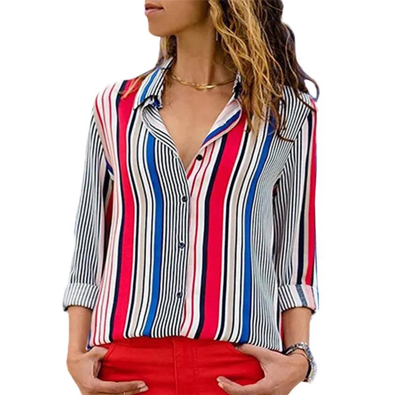 Blouse Women Shirt Casual Long Sleeve Stripe Button Turn-down Female Shirts Tops Blouse Leisure Office Ladies Workwear