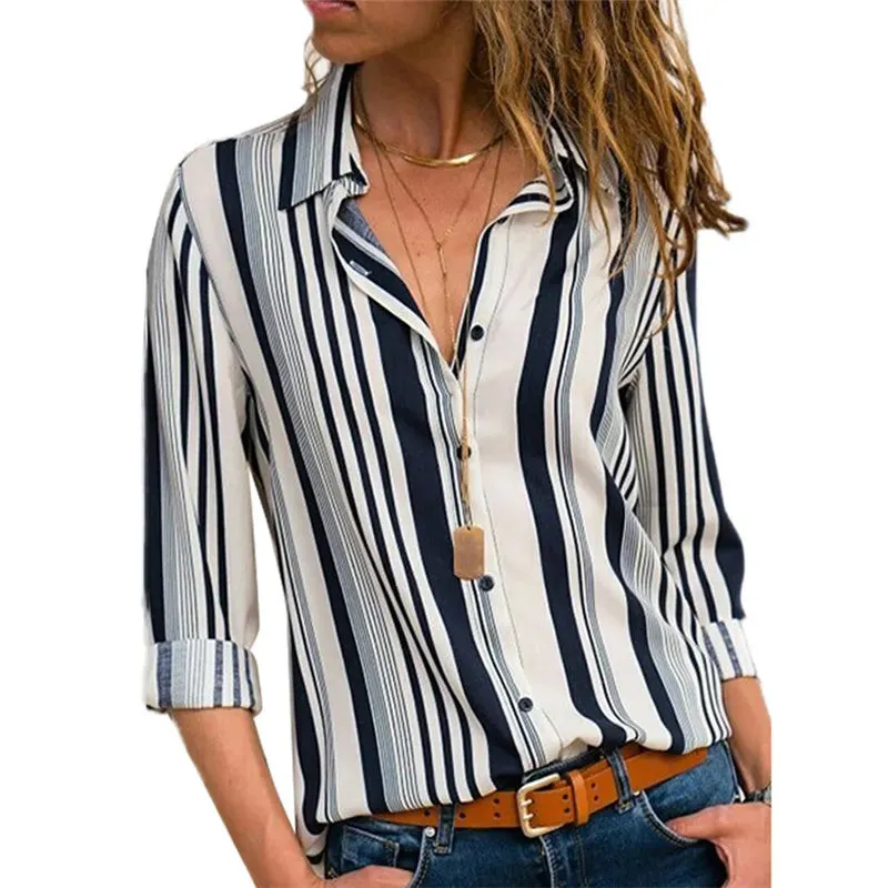 Blouse Women Shirt Casual Long Sleeve Stripe Button Turn-down Female Shirts Tops Blouse Leisure Office Ladies Workwear