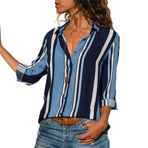 Blouse Women Shirt Casual Long Sleeve Stripe Button Turn-down Female Shirts Tops Blouse Leisure Office Ladies Workwear