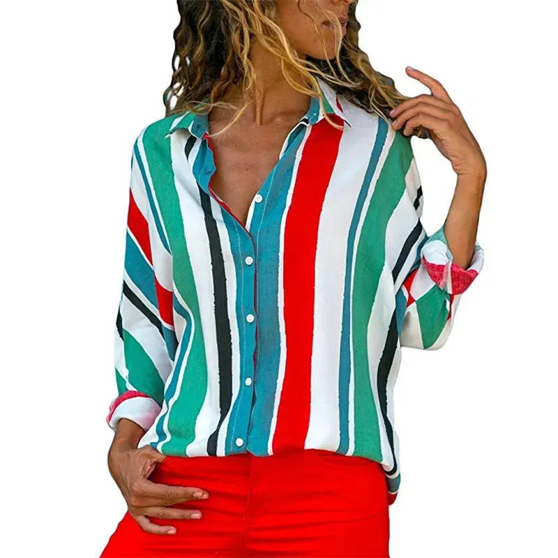 Blouse Women Shirt Casual Long Sleeve Stripe Button Turn-down Female Shirts Tops Blouse Leisure Office Ladies Workwear