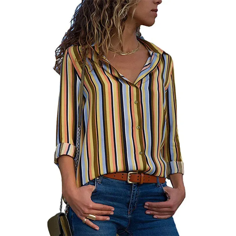 Blouse Women Shirt Casual Long Sleeve Stripe Button Turn-down Female Shirts Tops Blouse Leisure Office Ladies Workwear