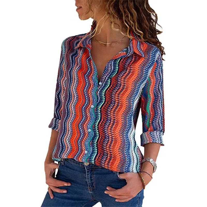 Blouse Women Shirt Casual Long Sleeve Stripe Button Turn-down Female Shirts Tops Blouse Leisure Office Ladies Workwear