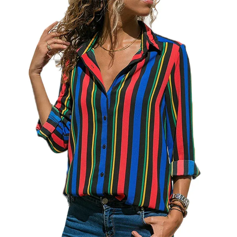 Blouse Women Shirt Casual Long Sleeve Stripe Button Turn-down Female Shirts Tops Blouse Leisure Office Ladies Workwear