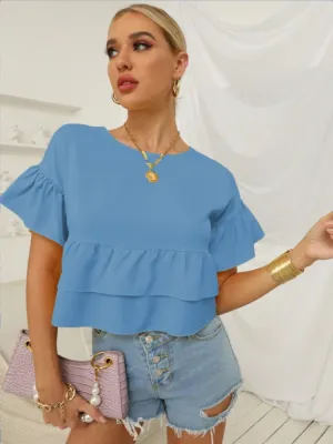 Blue Ruffle Hem Peplum Top