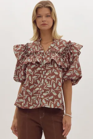 Brown & Blue Floral Ruffle Blouse