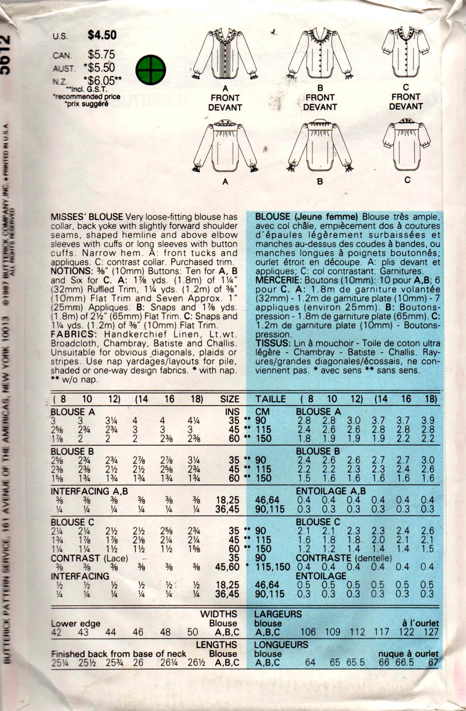 Butterick 5612 Womens Lace Trimmed Blouses 1980s Vintage Sewing Pattern Size 8 - 12 UNCUT Factory Folded