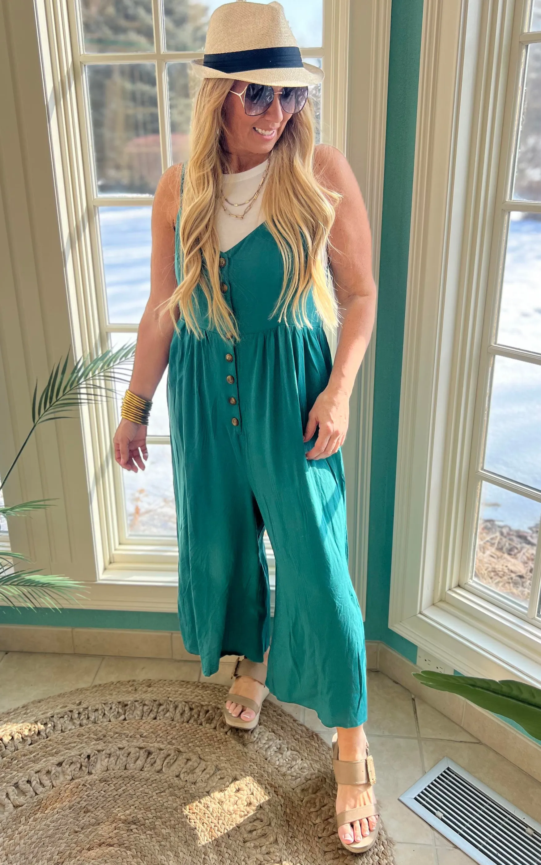 BUTTON DOWN RAYON CREPE JUMPSUIT - Final Sale