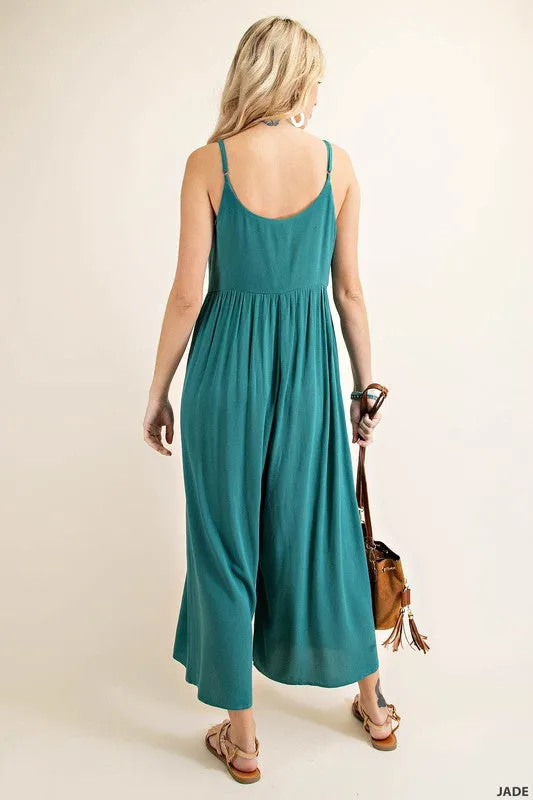 BUTTON DOWN RAYON CREPE JUMPSUIT - Final Sale