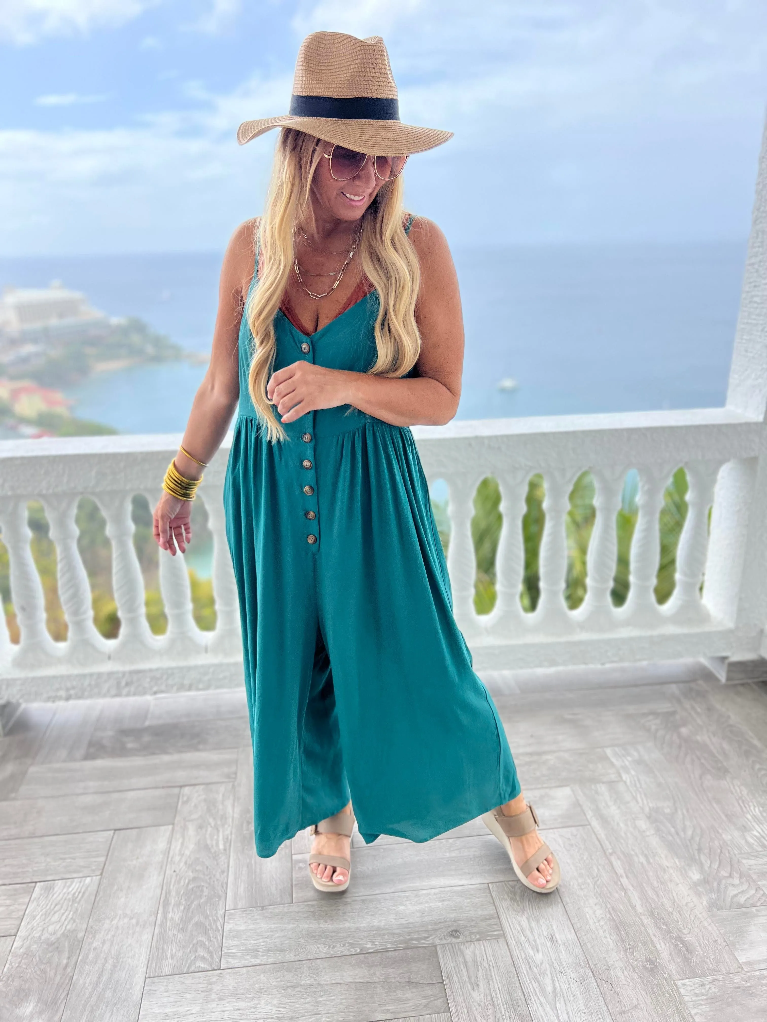 BUTTON DOWN RAYON CREPE JUMPSUIT - Final Sale