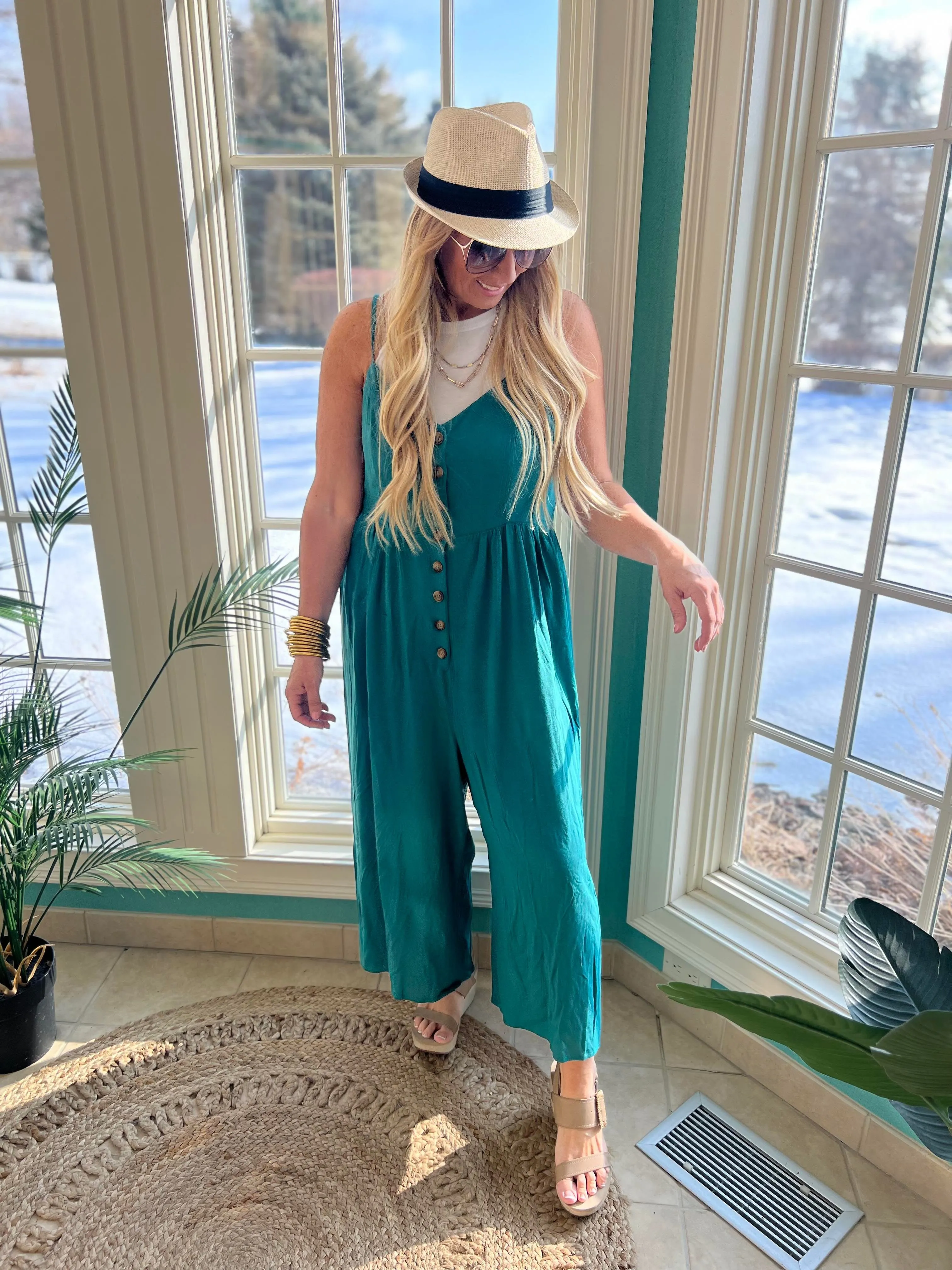 BUTTON DOWN RAYON CREPE JUMPSUIT - Final Sale