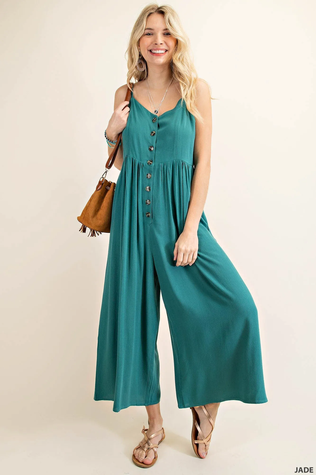 BUTTON DOWN RAYON CREPE JUMPSUIT - Final Sale