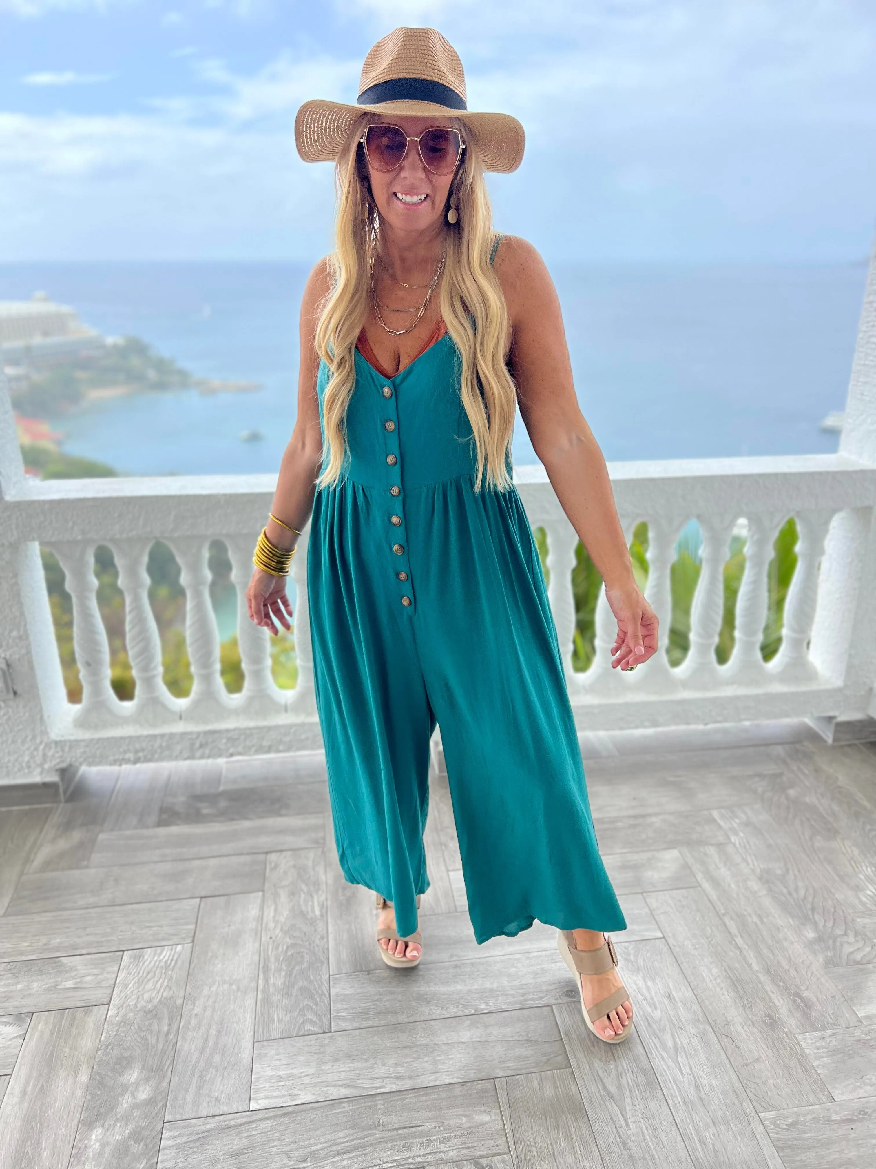 BUTTON DOWN RAYON CREPE JUMPSUIT - Final Sale