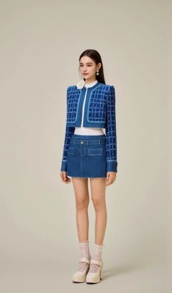 Cathy patchwork Tweed Jacket in blue