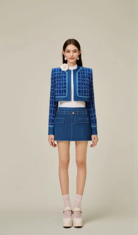 Cathy patchwork Tweed Jacket in blue