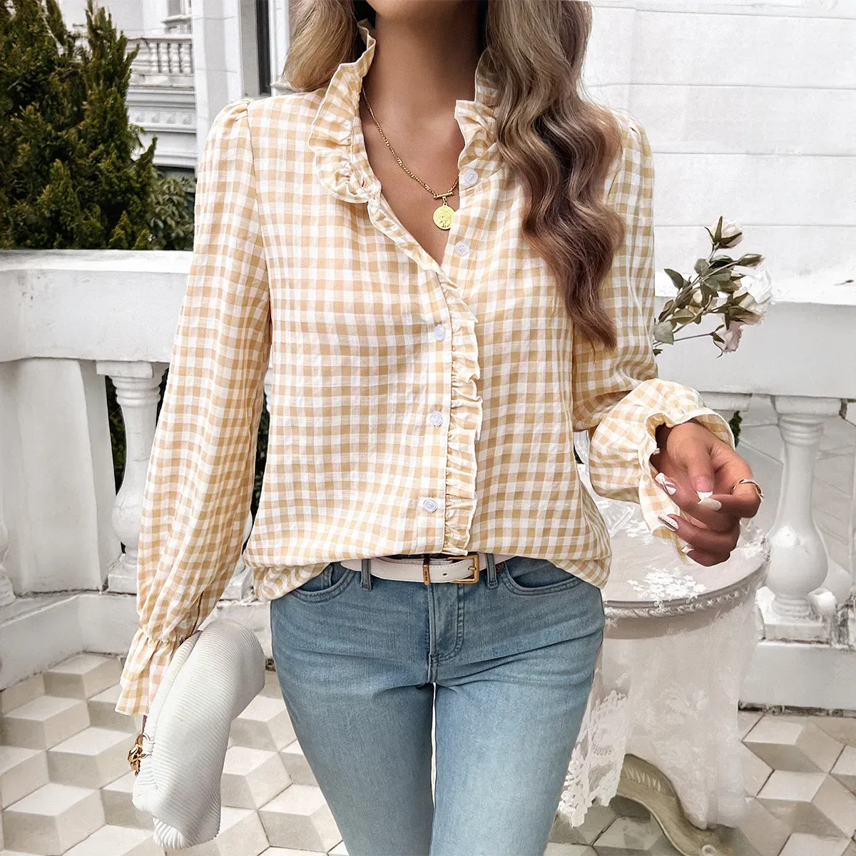 Checkmate Ruffle Long Sleeve Button-Up Blouse