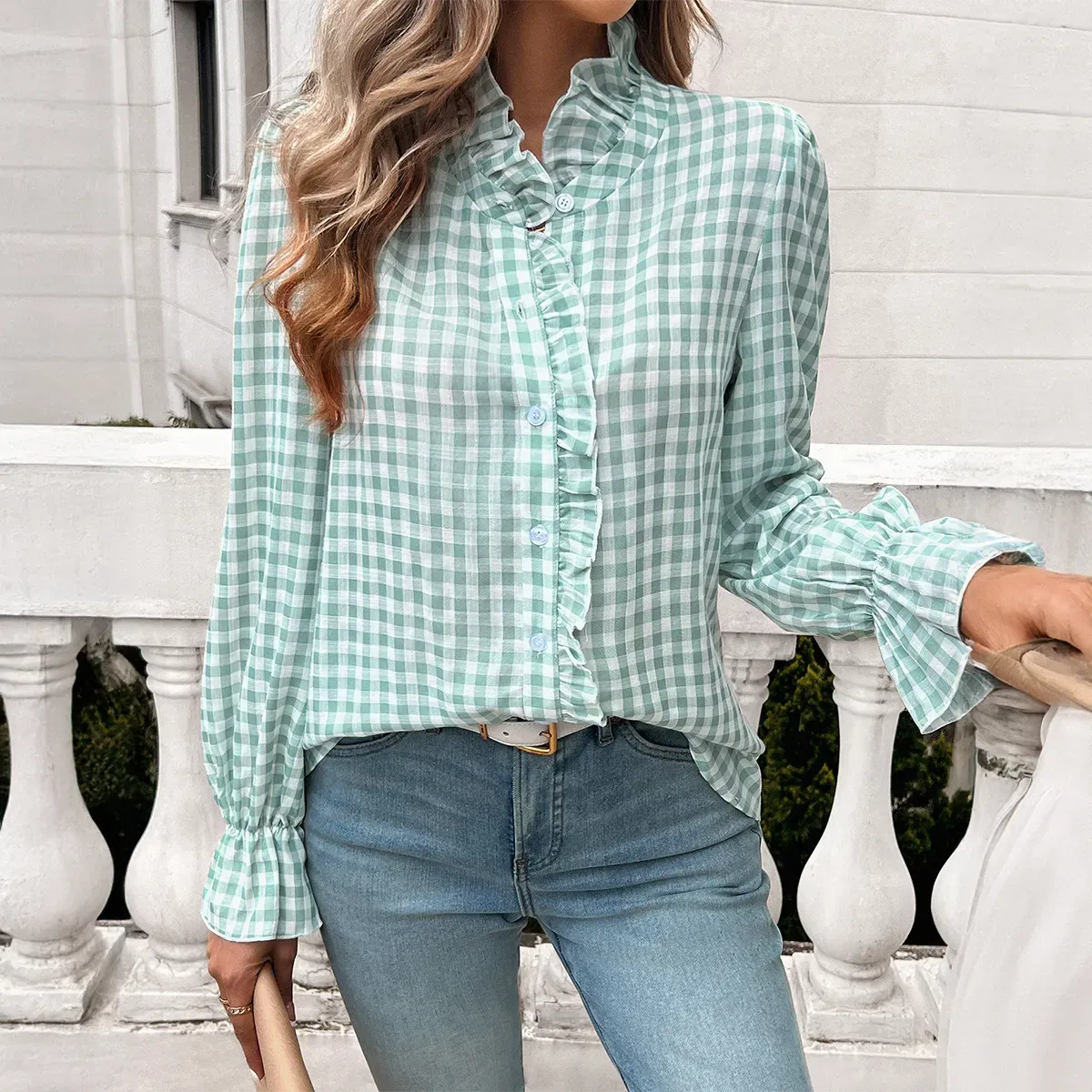 Checkmate Ruffle Long Sleeve Button-Up Blouse
