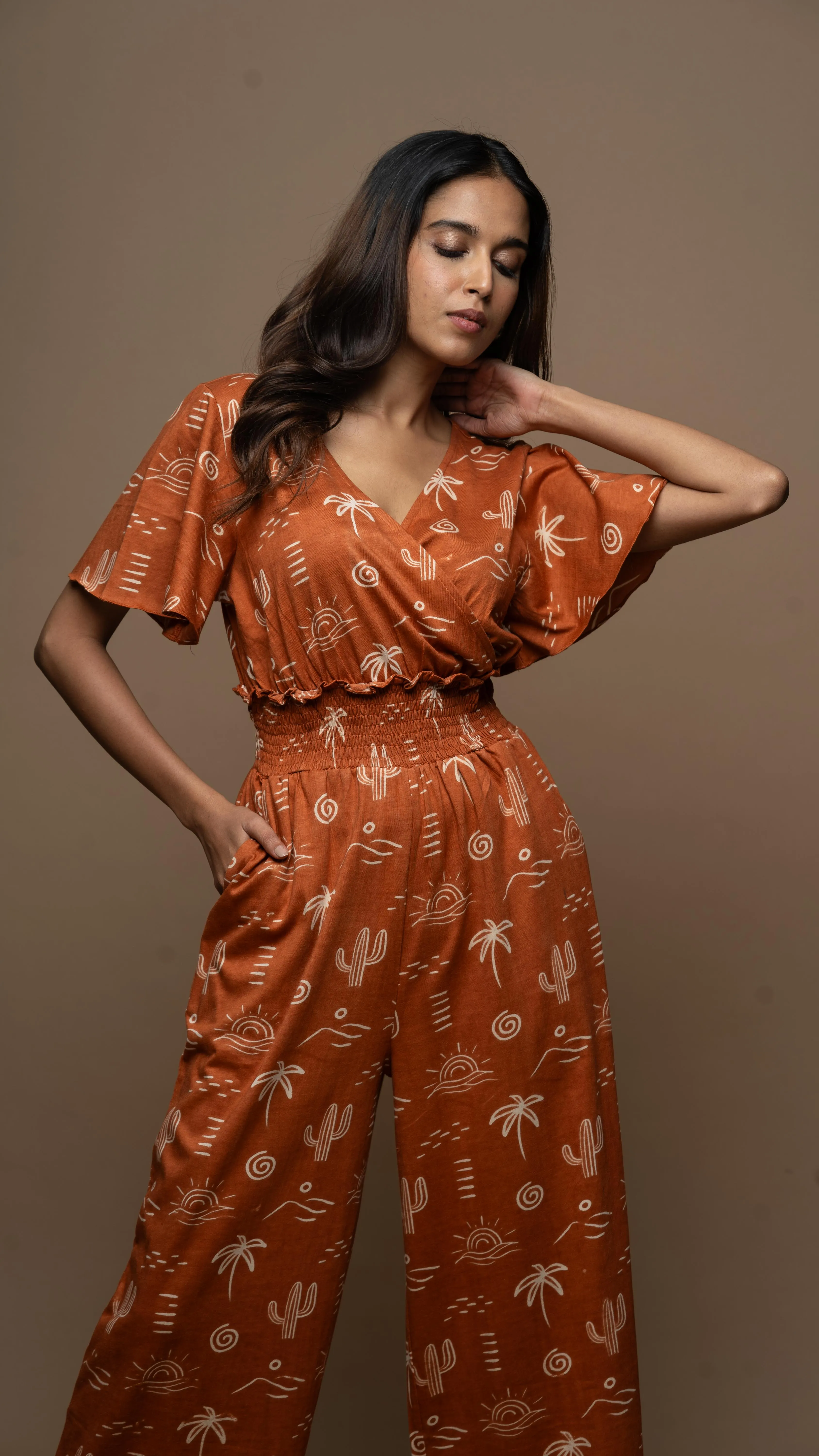 Chic Crossover Jumpsuit in Siesta in the desert Pattern