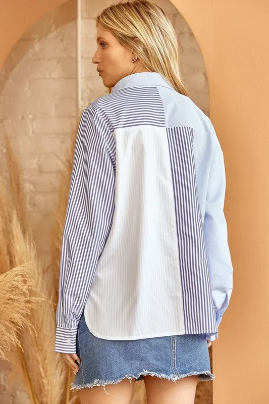 Colorblock Stripe Long Sleeve Button Down Top