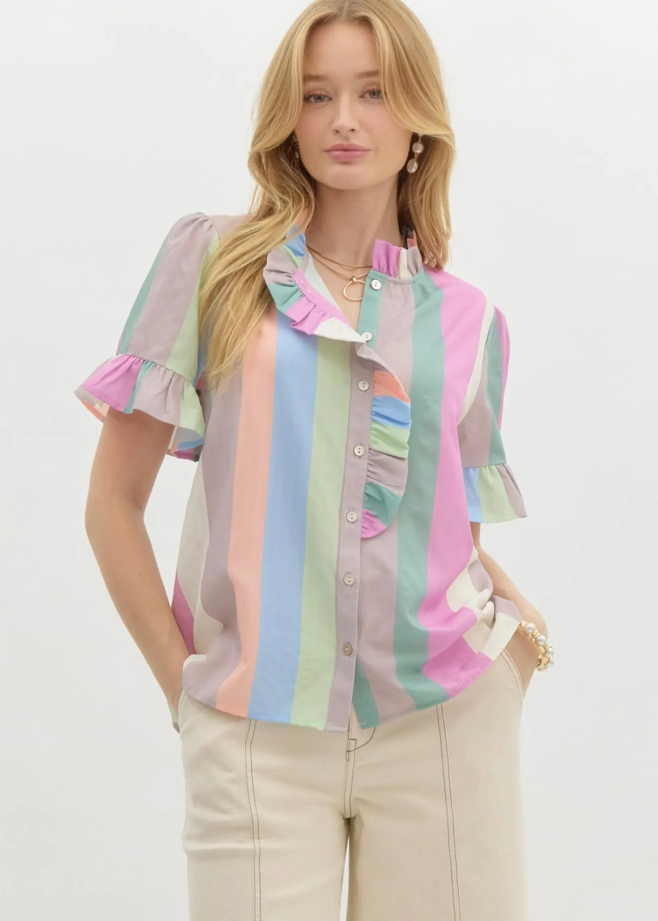 Cool Striped Ruffle Blouse