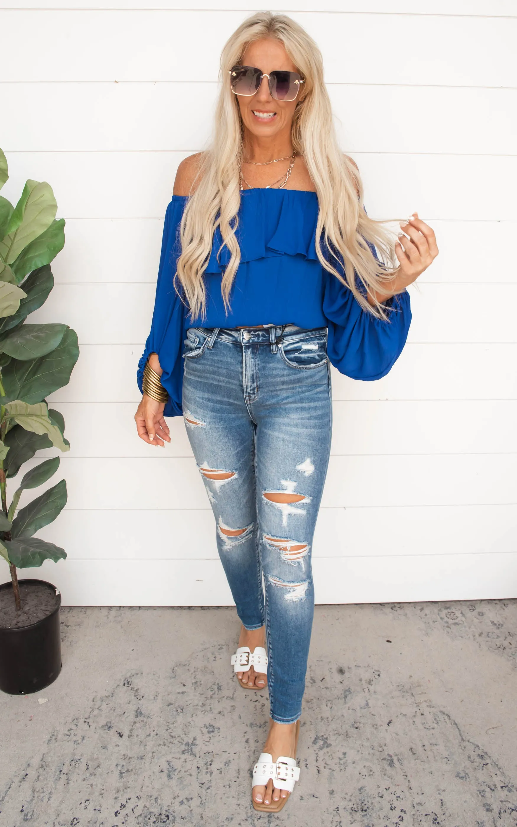 Crinkle Solid Off Shoulder Balloon Top - Final Sale