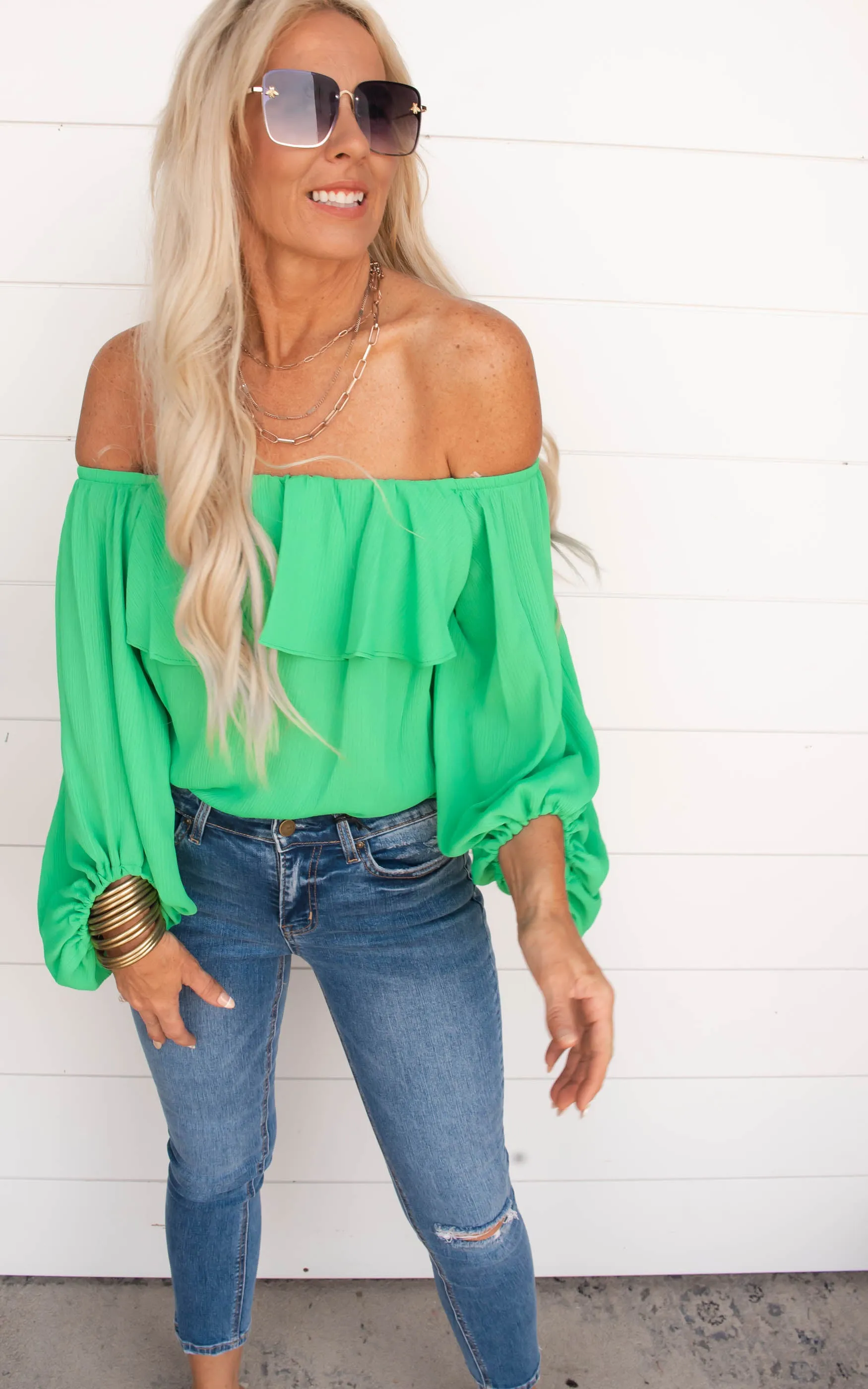 Crinkle Solid Off Shoulder Balloon Top - Final Sale