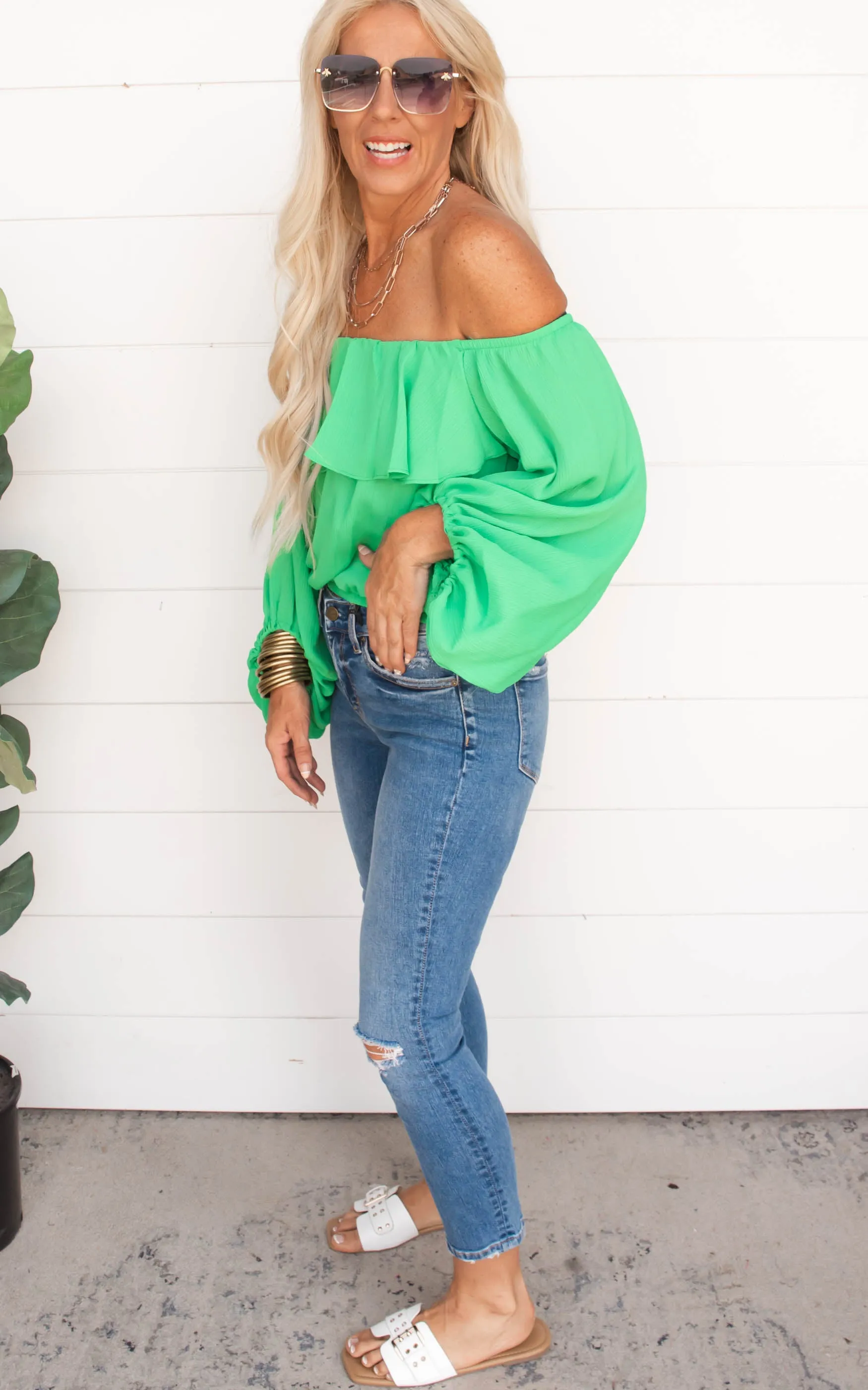 Crinkle Solid Off Shoulder Balloon Top - Final Sale