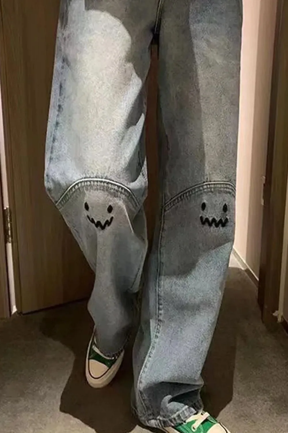 Cute Monster Emoji Embroidered Jeans Pants
