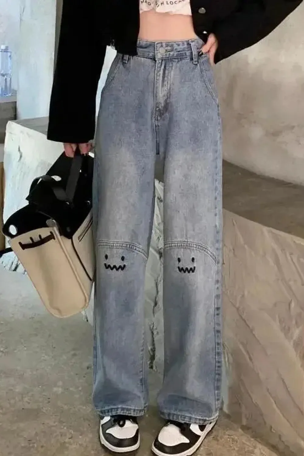 Cute Monster Emoji Embroidered Jeans Pants