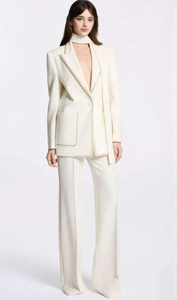 DEBORAH WHITE SCARF-DETAILED WOOL CREPE BLAZER SET