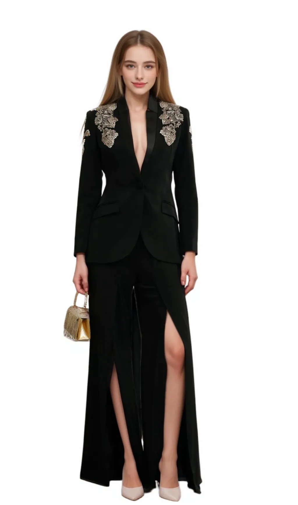 Delphine black embellished jacket & trousers matching set