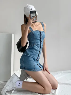 Denim A-Line Mini Dress with Button Detail – Oceanlove