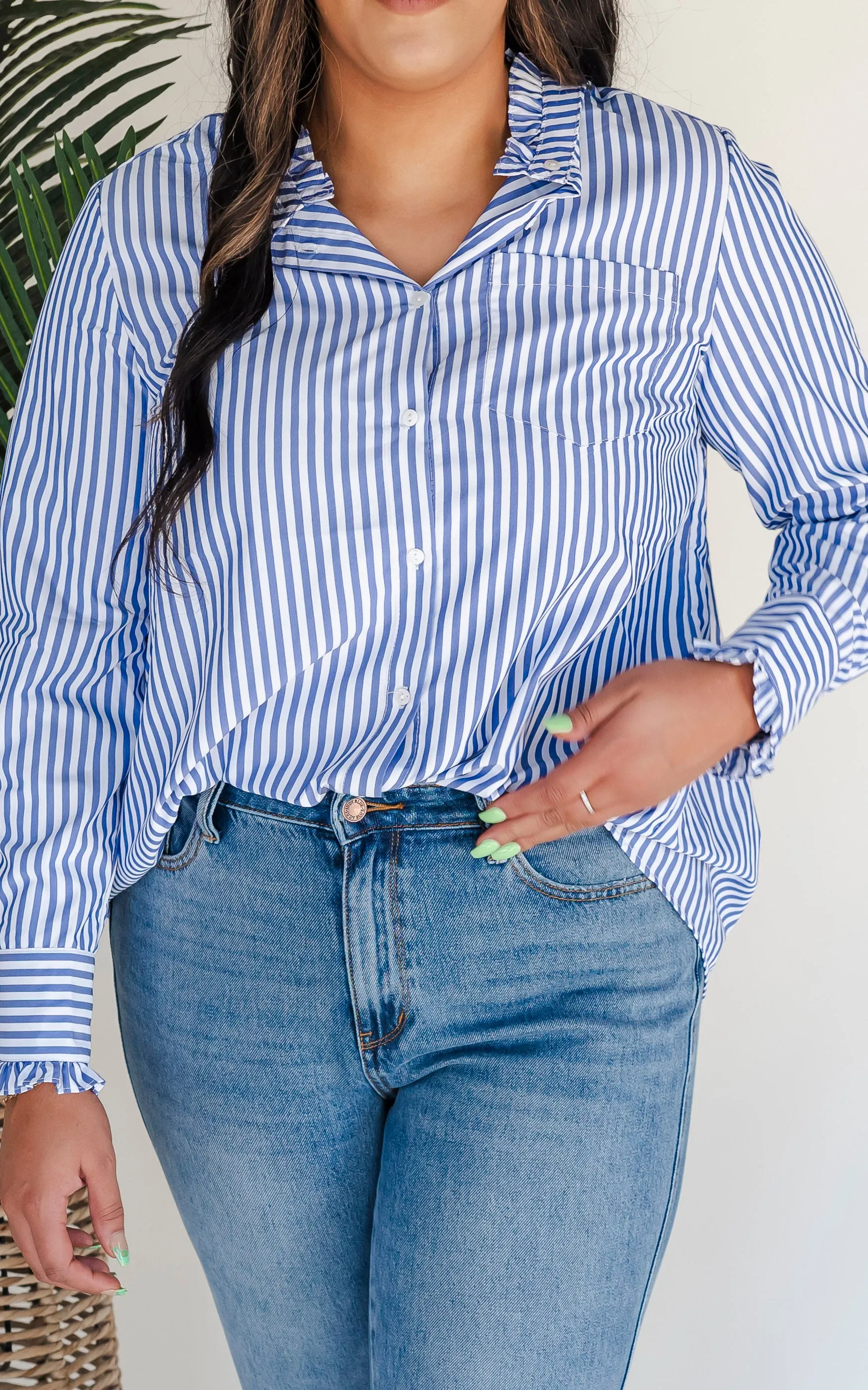 Down by the Boardwalk Striped Ruffle Button Down Shirt - Final Sale