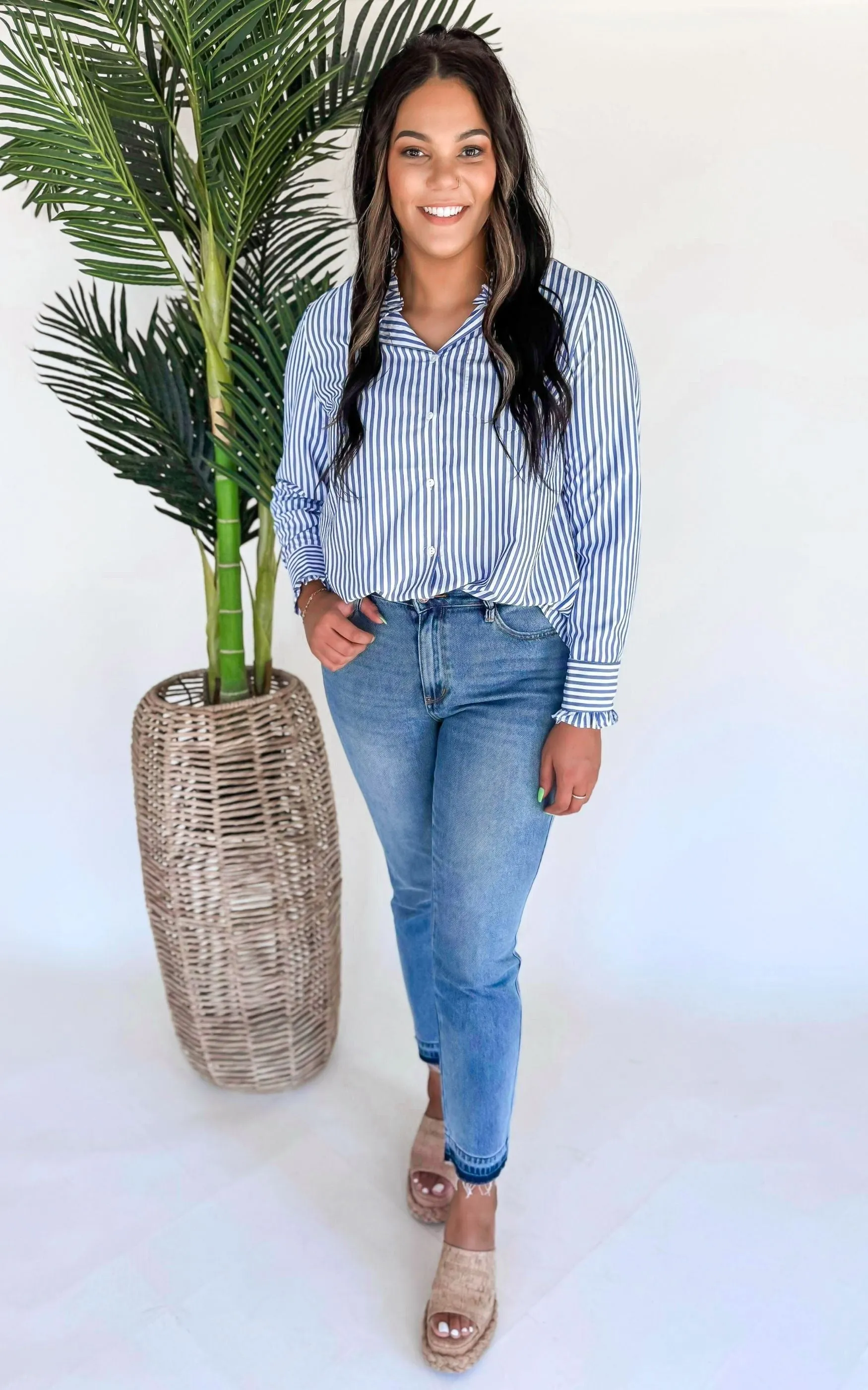 Down by the Boardwalk Striped Ruffle Button Down Shirt - Final Sale