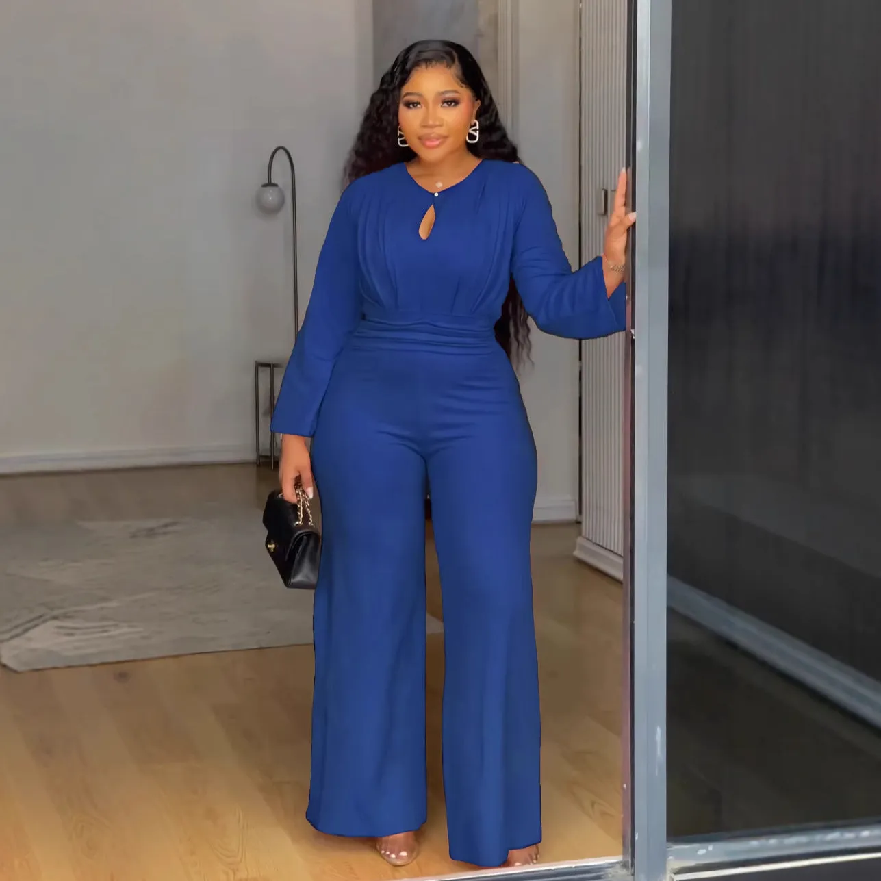 Elegant Stretch Slim Hollow-out Cinched Wide Leg Jumpsuit