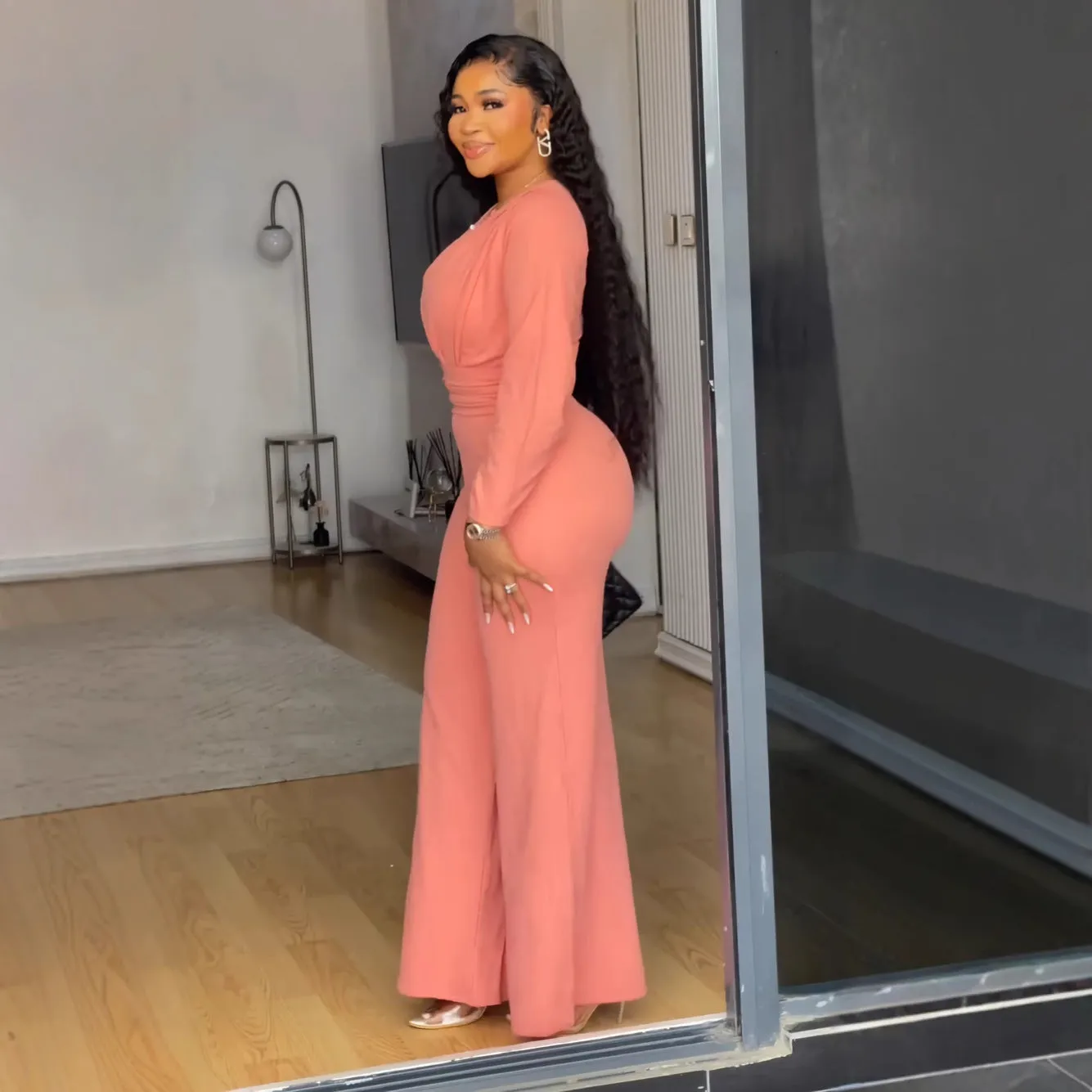 Elegant Stretch Slim Hollow-out Cinched Wide Leg Jumpsuit